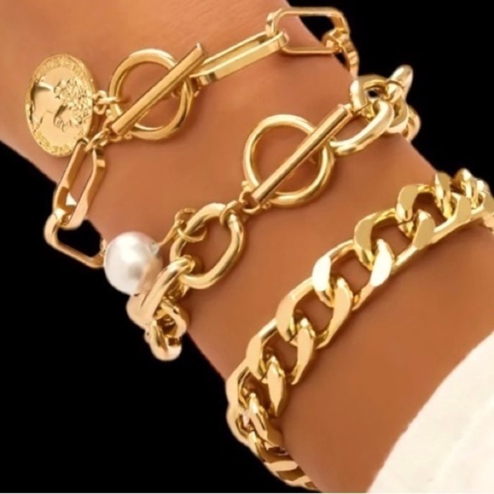 Beautiful 3pc Boho Chic Bangle Bracelets pearl coin
